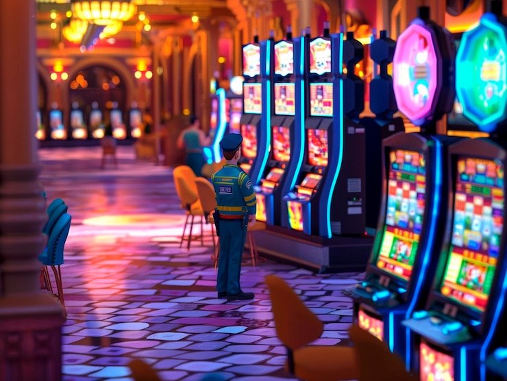 Antarmuka Mega Moolah menampilkan gulungan, indikator jackpot, dan kontrol taruhan